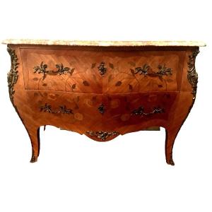 Commode Galbée De Style Louis XV En Marqueterie De Fleurs XX Siècle