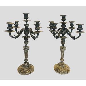 Pair Of Louis XVI Style Candelabra In Silvered Bronze 20th Century
