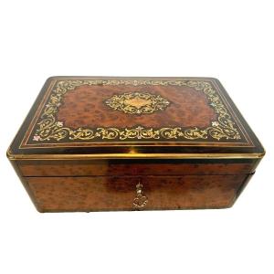 Jewelry Box In Thuya Burl And Brass Marquetry Engraved Napoleon III