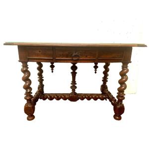Louis XIII Desk Table In Carved Walnut 19th Century