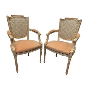 Pair Of Louis XVI Style Armchairs In Patinated Beech 20th Century