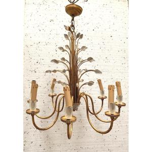 Chandelier In Gilded Iron And Leaf Glass 20th Century