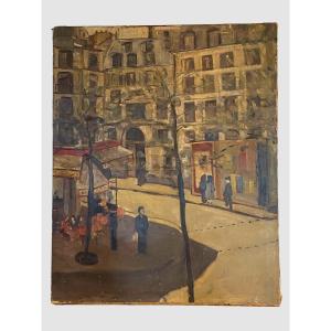 "animated View Of A Street In Paris" Oil On Canvas 20th Century