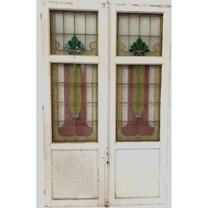 Double Separation Doors In Art Deco Stained Glass 20th Century