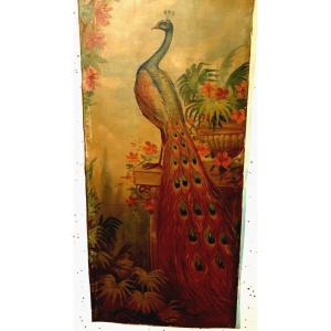 Oil On Canvas "peacock On A Flowered Console" Decorative Panel 20th Century