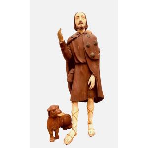 Saint Roch And His Dog In Carved And Patinated Wood 19th Century