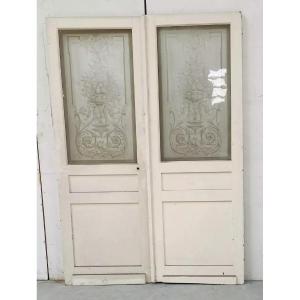 Double Etched Glass Partition Doors 20th Century