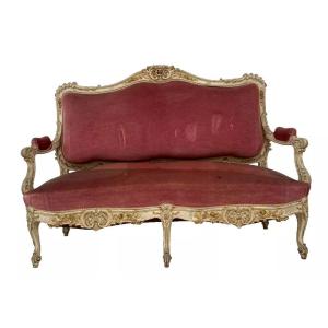 Banquette De Style Louis XV En Hetre Laqué Et Doré XX Siècle