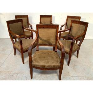 Set Of Six Restoration Armchairs In Mahogany, 19th Century