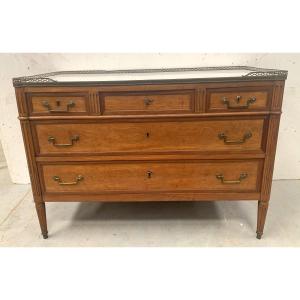 Louis XVI Style Chest Of Drawers In Mahogany With Grey Veined Marble Top, 19th Century