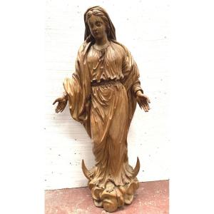 " Vierge De l'Immaculé Conception " Très Joli Bois Sculpté Du XIX Siècle