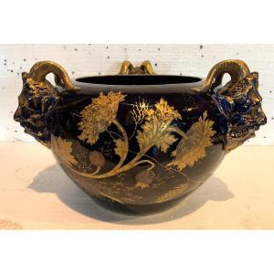 Blue Ceramic Planter With Gold Decorations, 20th Century