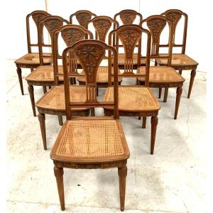 Set Of Ten Art Deco Chairs In Solid Walnut, 20th Century