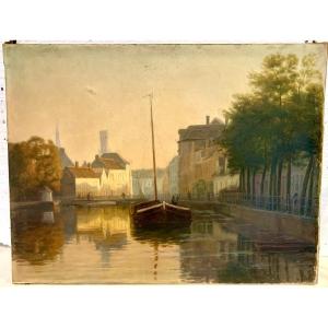 Oil On Canvas By "r Cogghe" The Canal In Town XX Century