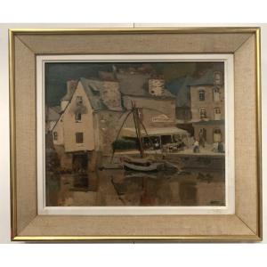 Framed Oil On Canvas "view Of The Port" 20th Century