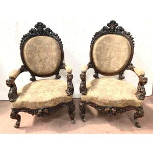 Pair Of Armchairs With Medallions In Carved Wood, 19th Century