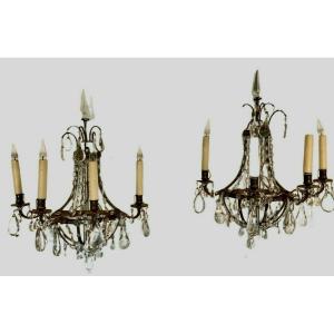 Pair Of Bronze Basket Sconces And Pampilles XX Century