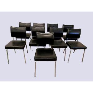 Suite Of Eight Vintage Chairs In Chrome And Faux Leather XX Century