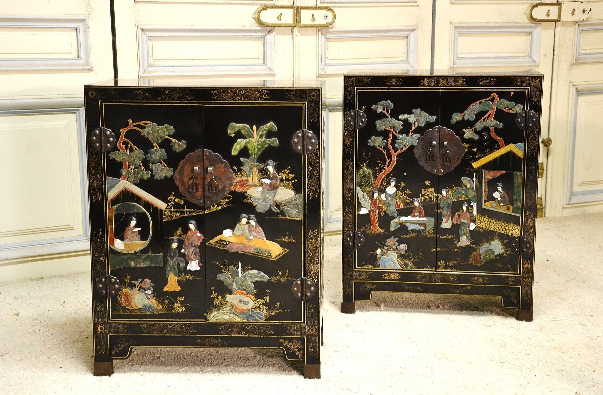 Pair Of Chinese Lacquered Bedside Tables And Semi-precious Stones. Twentieth Century