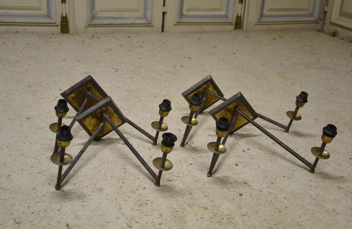 Set Of Four Iron And Brass Wall Lights From The 1980s