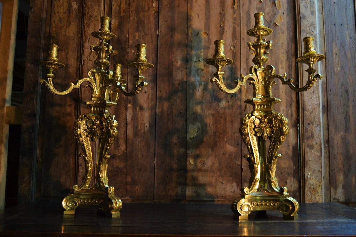 Pair Of Candelabra In Gilt Bronze, Nineteenth Century