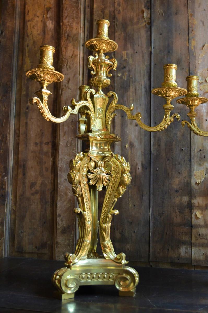 Pair Of Candelabra In Gilt Bronze, Nineteenth Century-photo-2