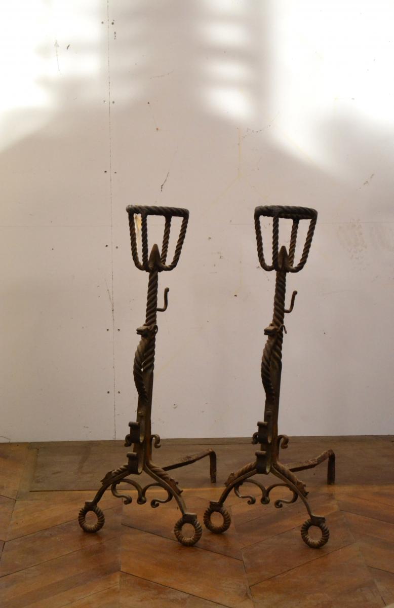 Pair Of Landiers Or Wrought Iron Andirons-photo-3