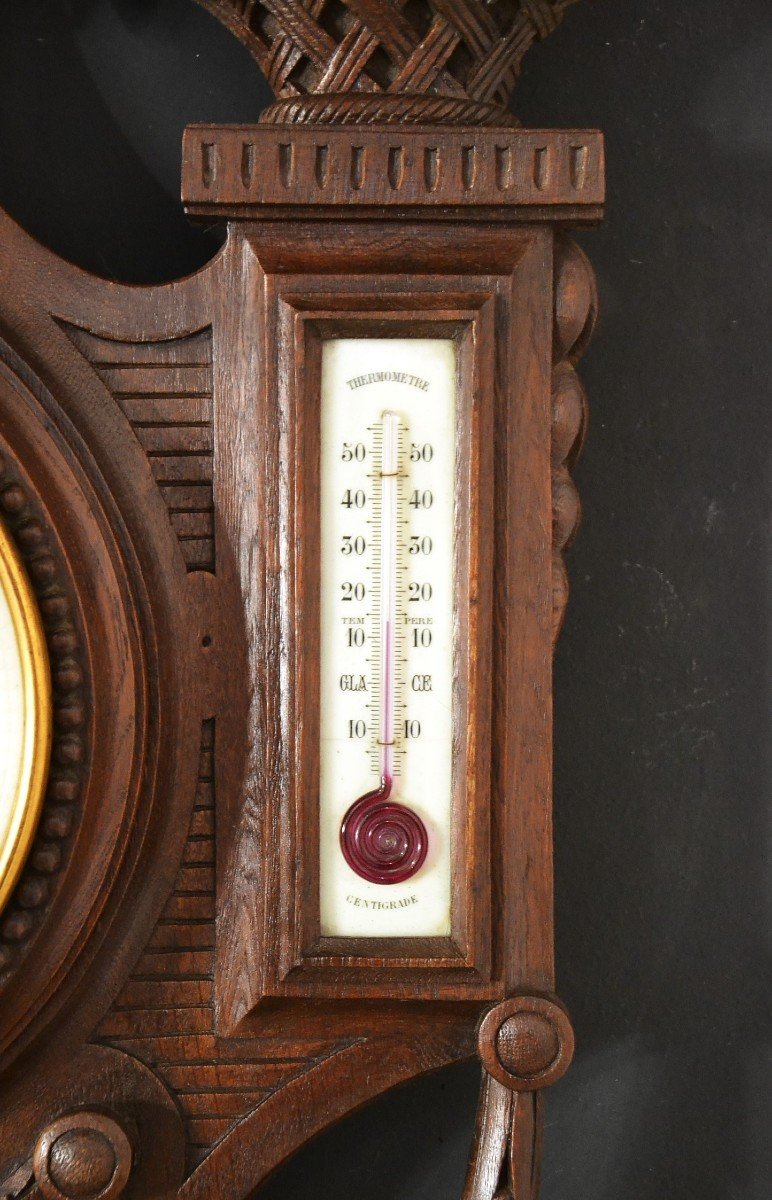 Large Barometer & Thermometer In Carved Oak.-photo-3