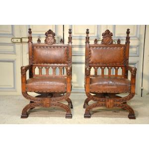 Pair Of Neo-gothic Style Oak Armchairs