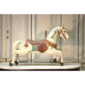 Cheval De Manège En Bois Peint époque Fin XIXeme Siècle