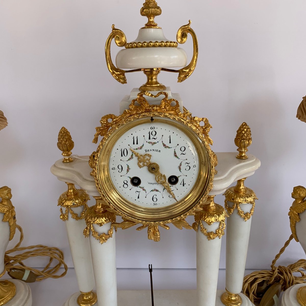 Garniture De Cheminée d'époque Napoléon III En Bronze Doré Et Marbre Blanc-photo-3