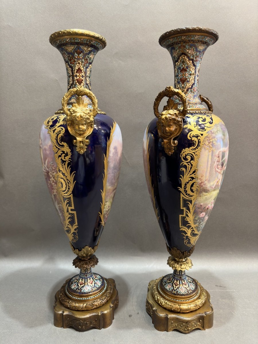 Paire De Vases En Porcelaine De Sèvres Et Cloisonné -photo-4