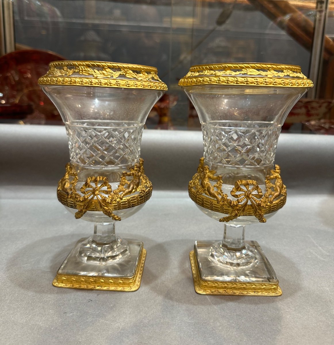 Pair Of Crystal And Bronze Vases (baccarat)