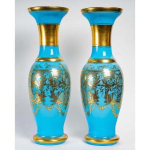 Pair Of Crystal Vases, Blue Opaline, Baccarat 50 Cm