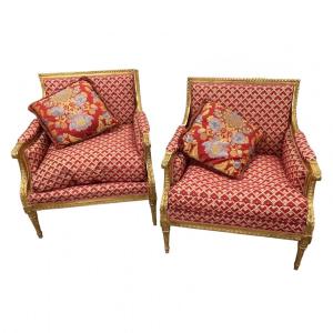 Pair Of Bergeres (armchairs) In Golden Wood