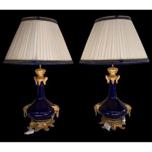 Pair Of Royal Blue Porcelain Lamps