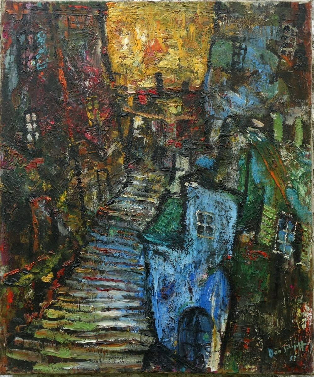 Dan Solojoff (1904-1994)  peintre Russe école de Paris    rue la nuit daté 1957