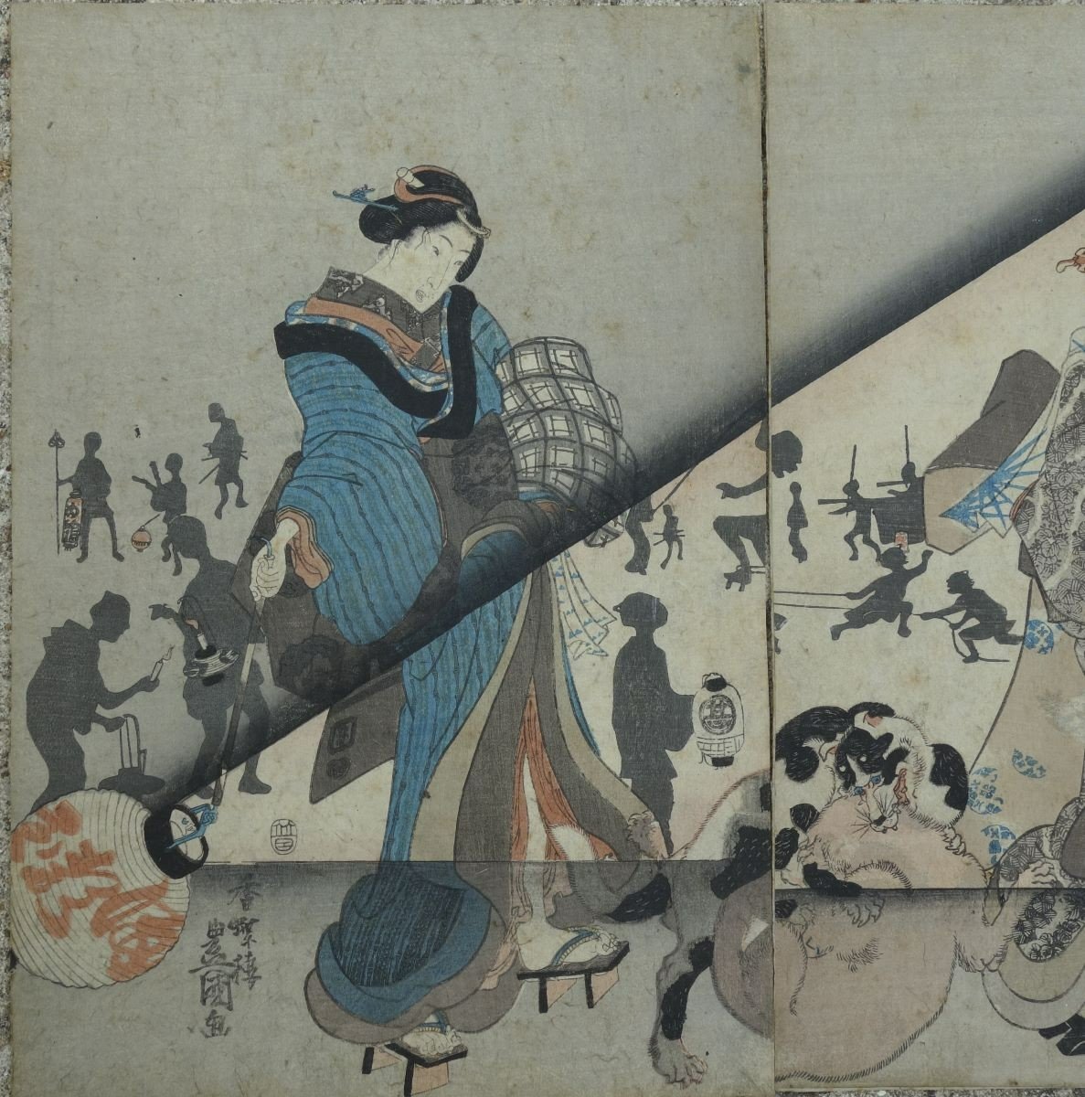 Utagawa Kunisada Toyokuni III (1786-1865) Scène De Nuit Filles Animaux Lanternes Japon Asie-photo-2