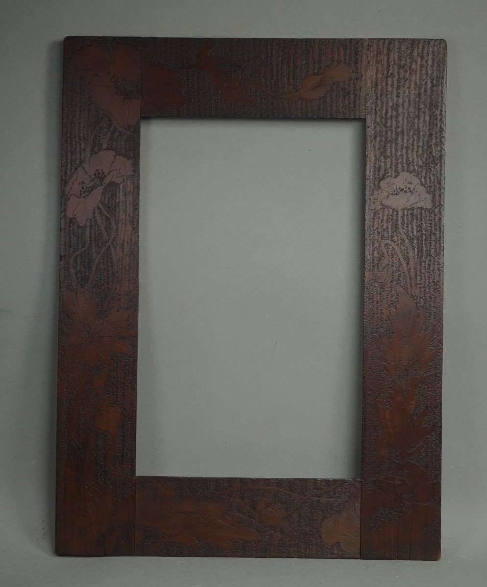 Art-nouveau Frame Austria Floral Decor Poppies Signed Paula Molnàr 1910 Pyrographed Wood -photo-2