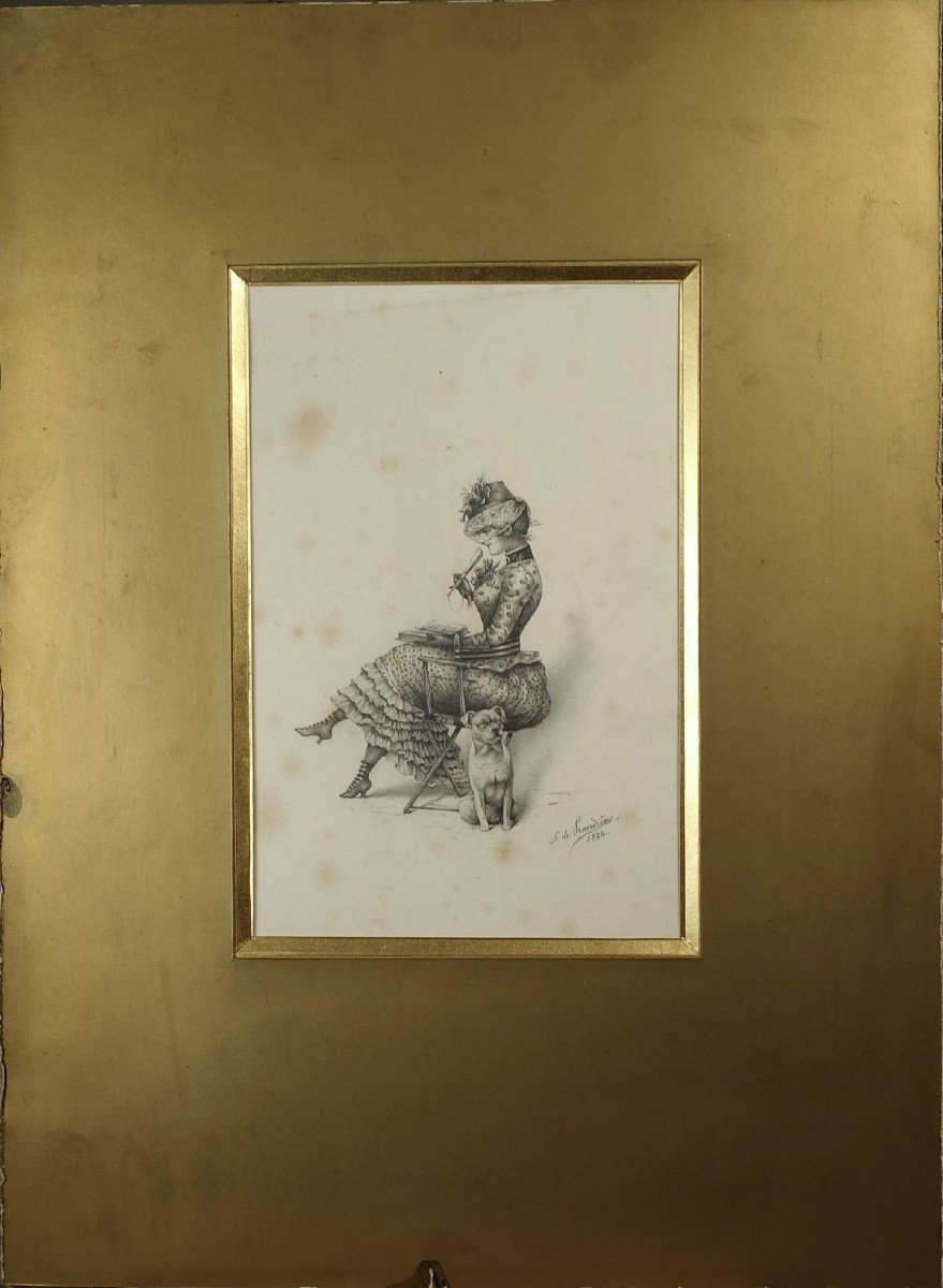 Elegant And  Dog Parisian L.de Prandières 1884 Drawing-photo-3