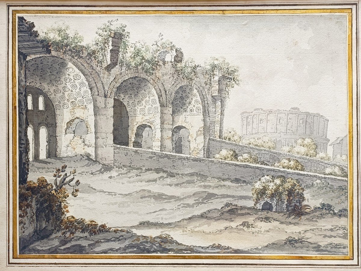 Nicolle Victor-jean (1754-1826) Vue Du Colisée Rome Aquarelle XVIIIe 21 X 29,5 Cm Signé