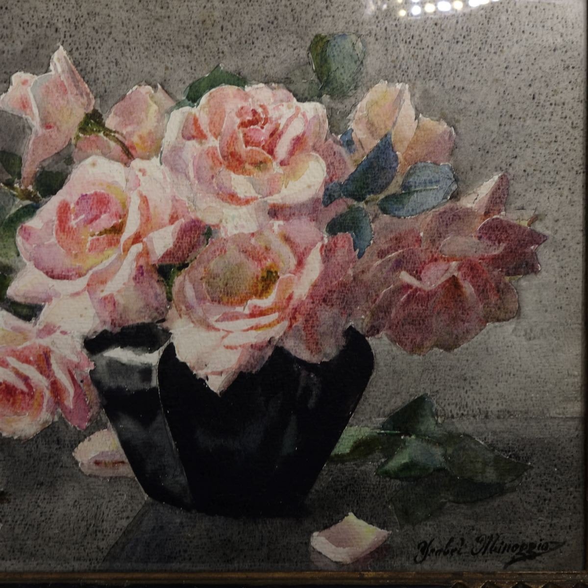 Ysabel Minoggio XIX-xxe Bouquet De Roses Aquarelle Art-déco-photo-3