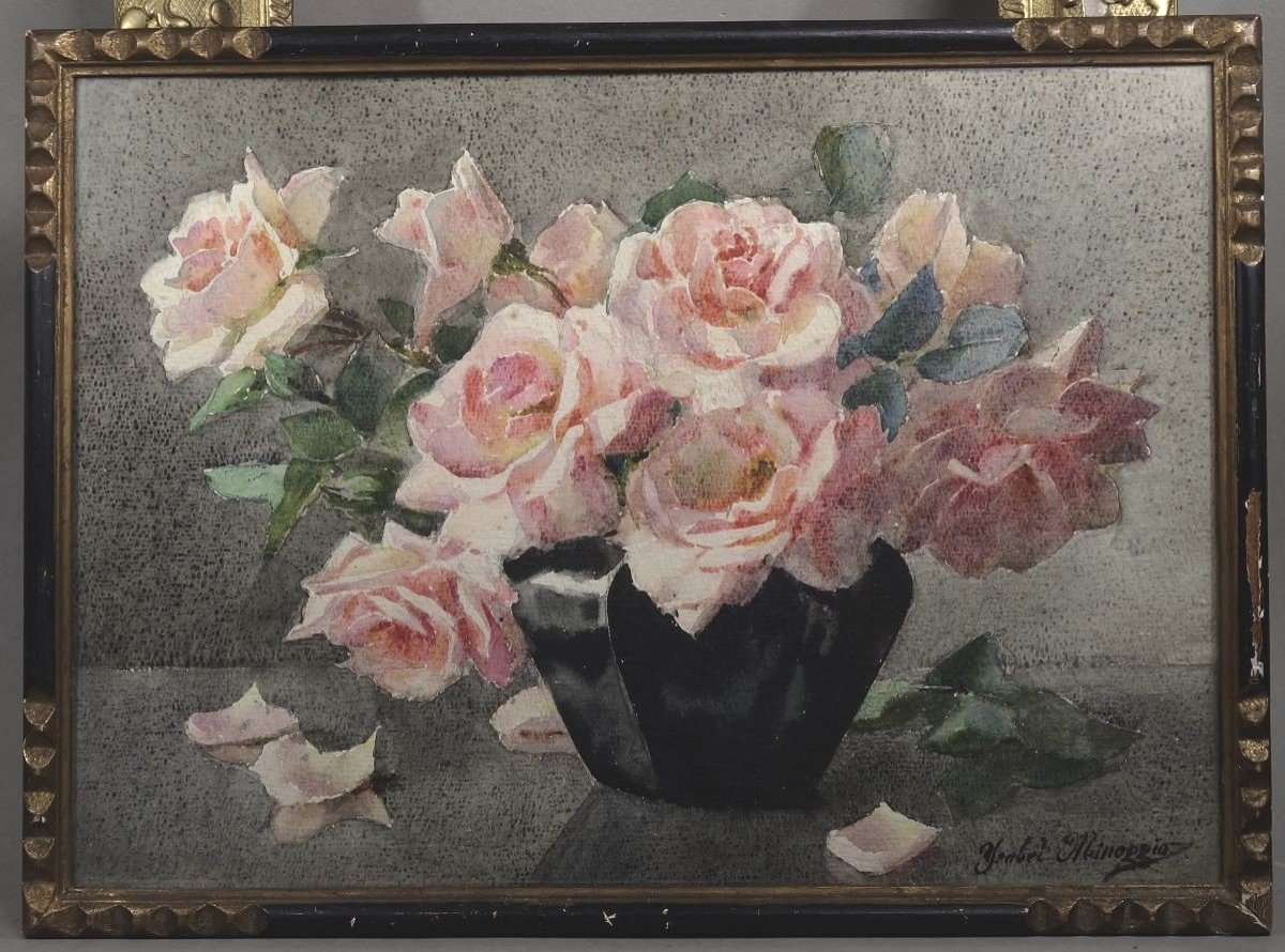 Ysabel Minoggio XIX-xxe Bouquet De Roses Aquarelle Art-déco