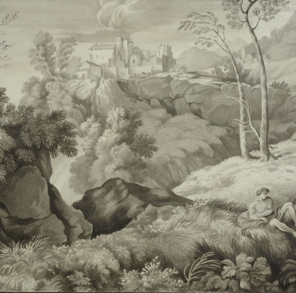 Animated Landscape Large Drawing Late 18th Century Early 19th Century Sheet  46 X 62, Cm-photo-3