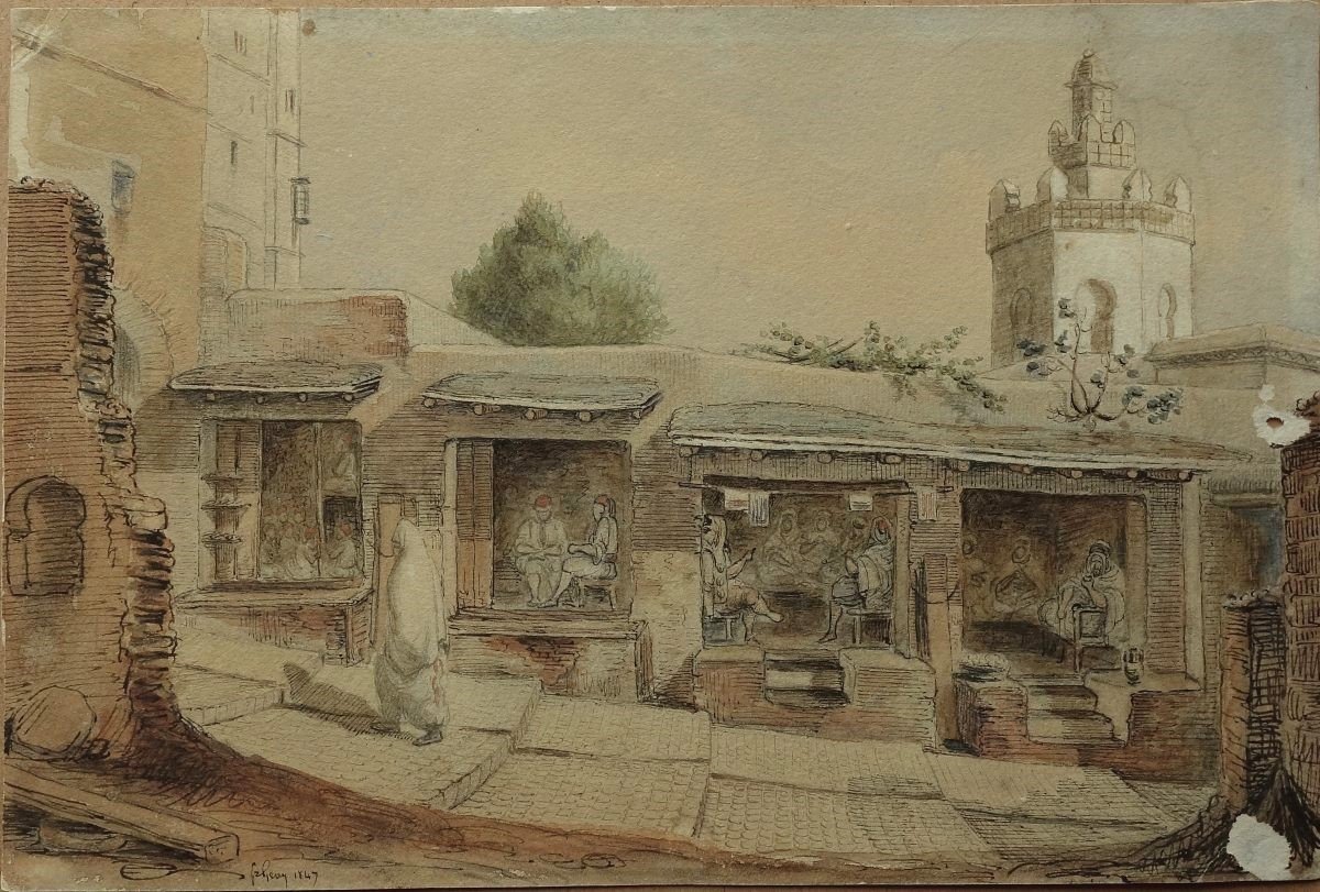 Scène De Rue En Algérie Aquarelle 1847 Signé Orientalisme XIXe