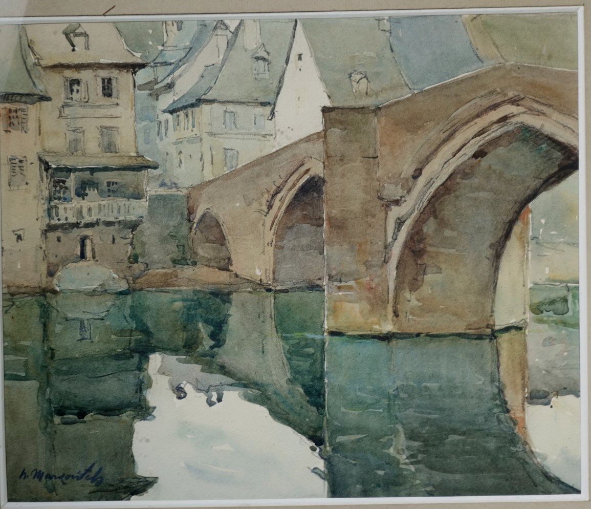 Nicolas Markovitch (franco-serbe, 1894-1964) Espalion Le Vieux Pont Sur Le Lot Aquarelle -photo-2