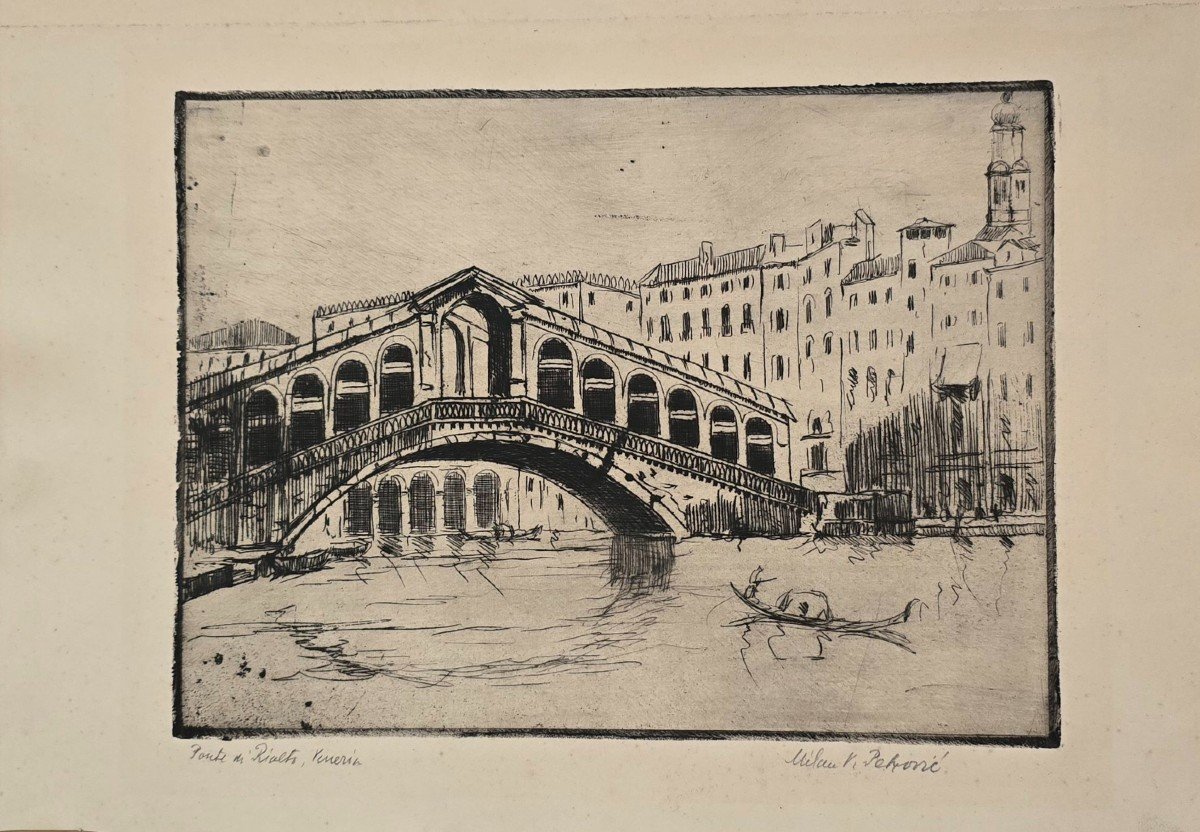 Milan Petrovic (1893 Serbie-1978) Pont Du Rialto Estampe Artiste Américain