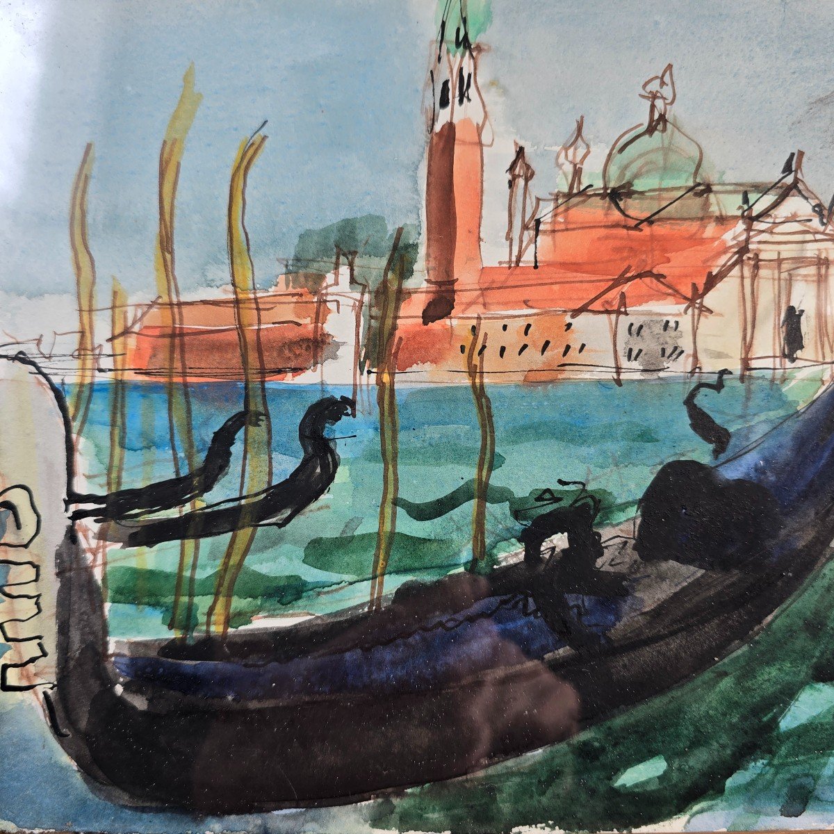 Saint Georges Majeur Gondolas Watercolor Signed 50s-photo-2