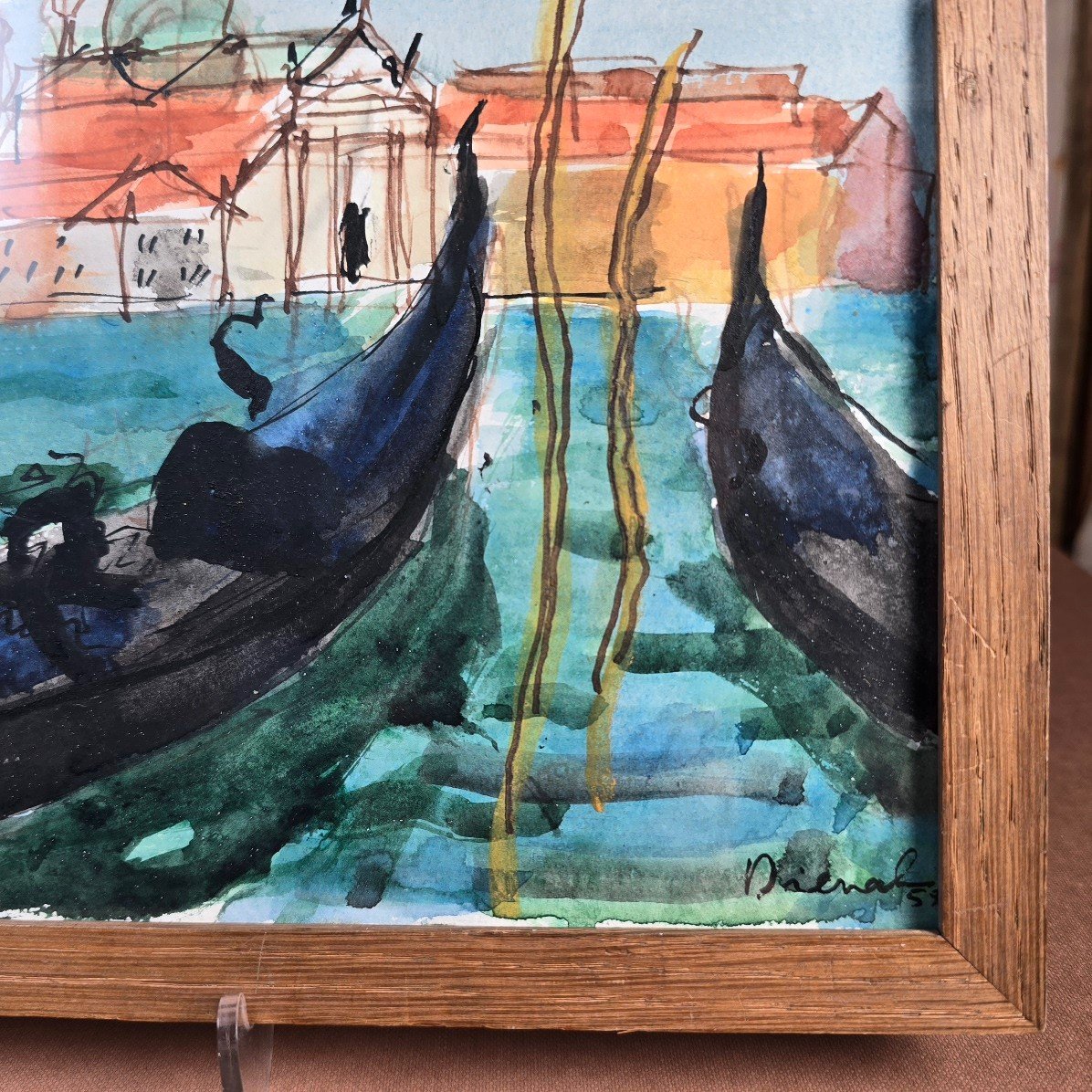 Saint Georges Majeur Gondolas Watercolor Signed 50s-photo-3