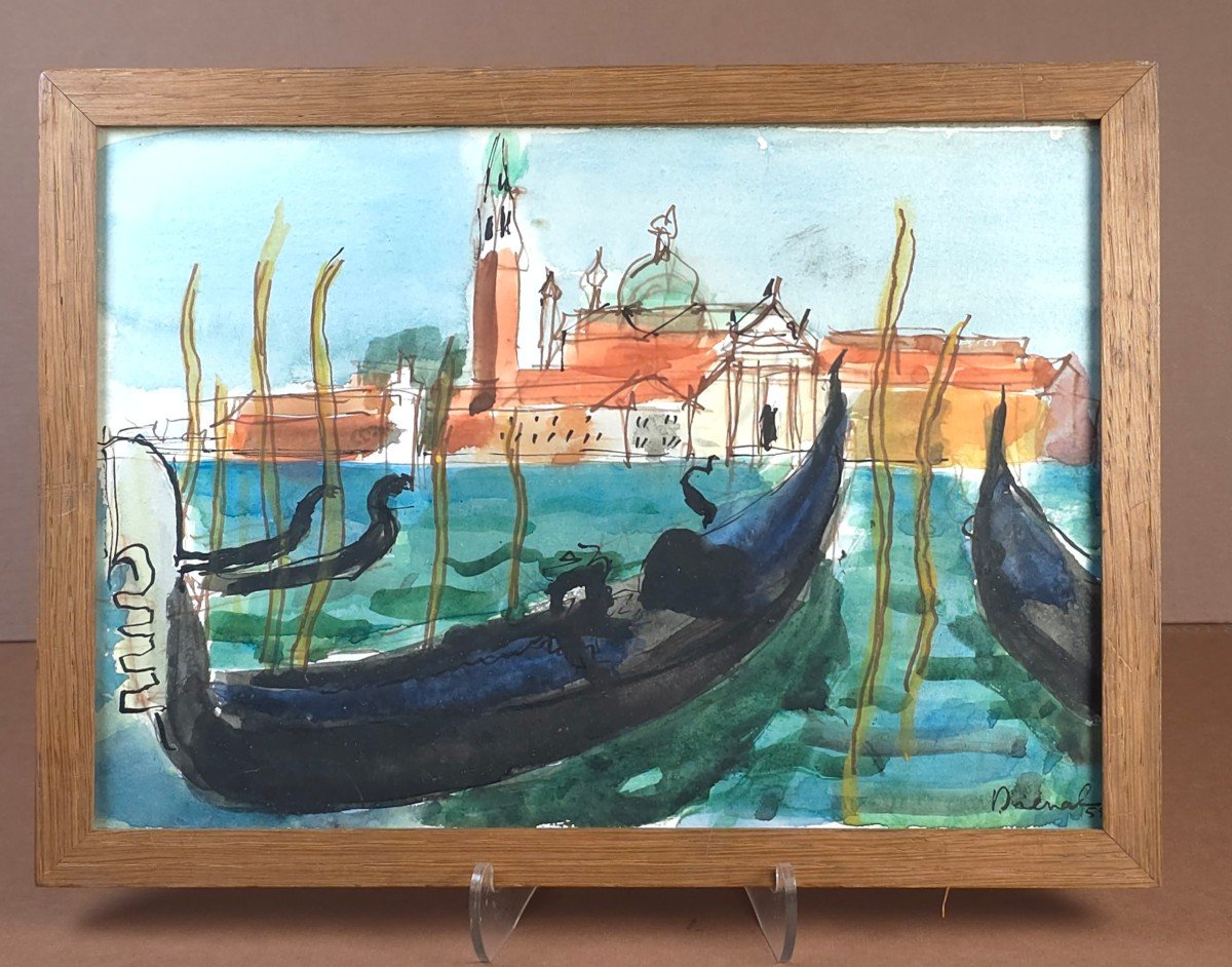 Saint Georges Majeur Gondolas Watercolor Signed 50s